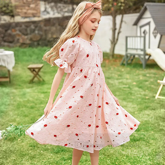 Big girls strawberry embroidery dresses old kids lace hollow falbala short sleeve dress summer teenagers pink princess clothes Z7001