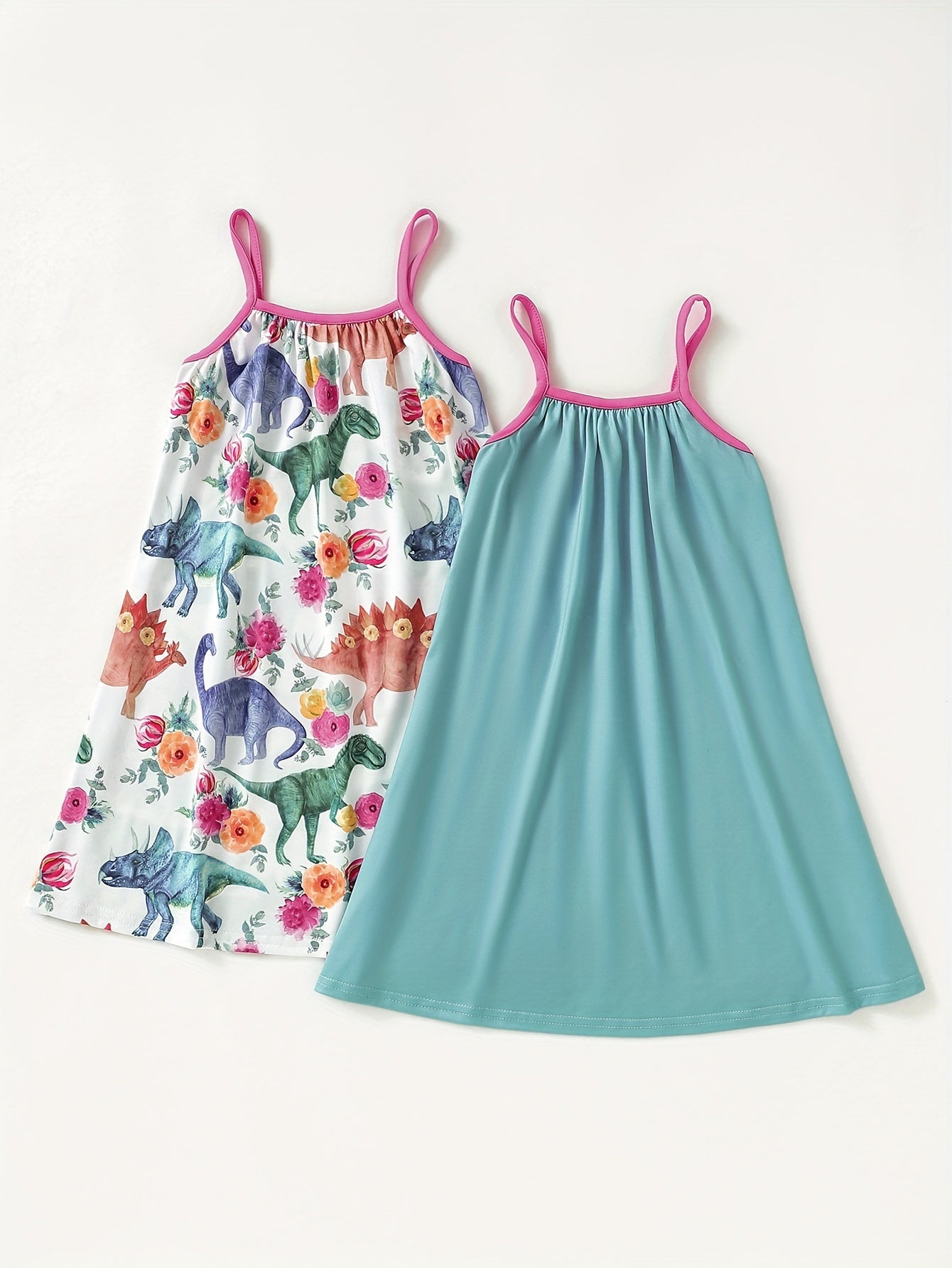 2-Piece Adorable Dinosaur & Floral Print Cami Dress Set - Breathable, Comfortable Cotton - Perfect for Summer Adventures and Parties