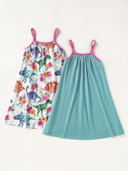 2-Piece Adorable Dinosaur & Floral Print Cami Dress Set - Breathable, Comfortable Cotton - Perfect for Summer Adventures and Parties