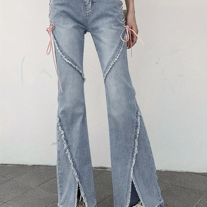 xieyinshe  Tie Side High Waist Flared Jeans, Split Front Raw Trim Washed Bell Bottom Denim Pants, Women's Denim Jeans & Clothing