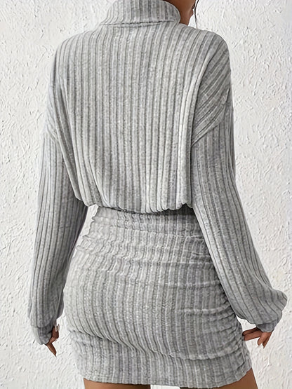 xieyinshe  Ribbed Knit Long Sleeve Dress, Elegant Turtle Neck Slim Ruched Dress, Women's Clothing