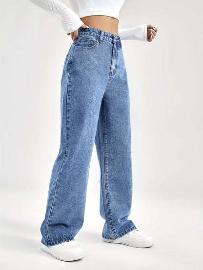 xieyinshe  Slant Pocket Wide Leg Jeans, Button Zipper Closure Loose Leisure Denim Pants, Women's Denim Jeans & Clothing