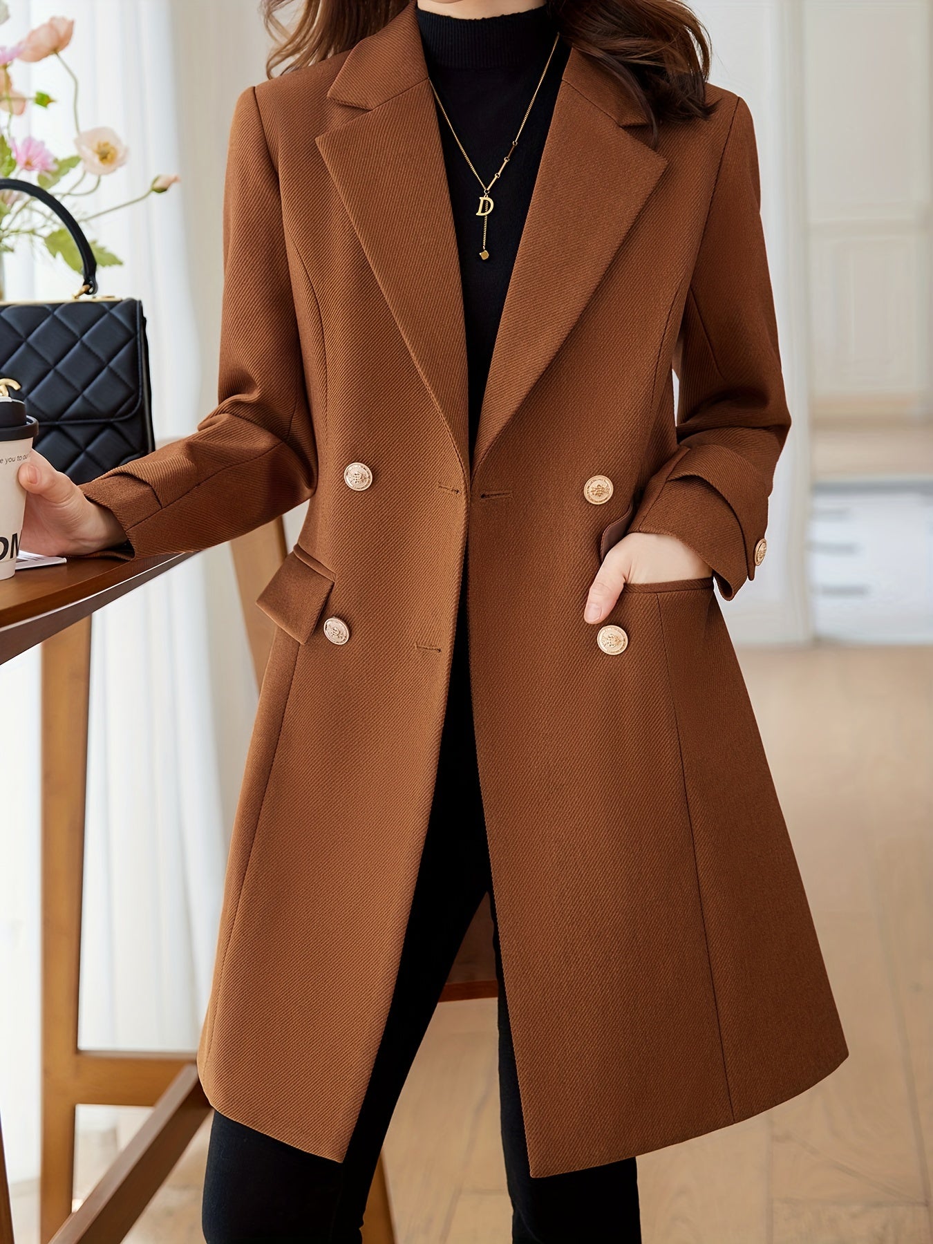 xieyinshe Solid Double Breasted Lapel Overcoat, Elegant Long Sleeve Mid Length Coat  For Fall & Winter, Women's Clothing