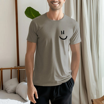 Men's Smile Face Print Short Sleeve Pajama T-Shirts, Fashion Design With Solid Color & Crew Neck, For Summer Sleep Wear