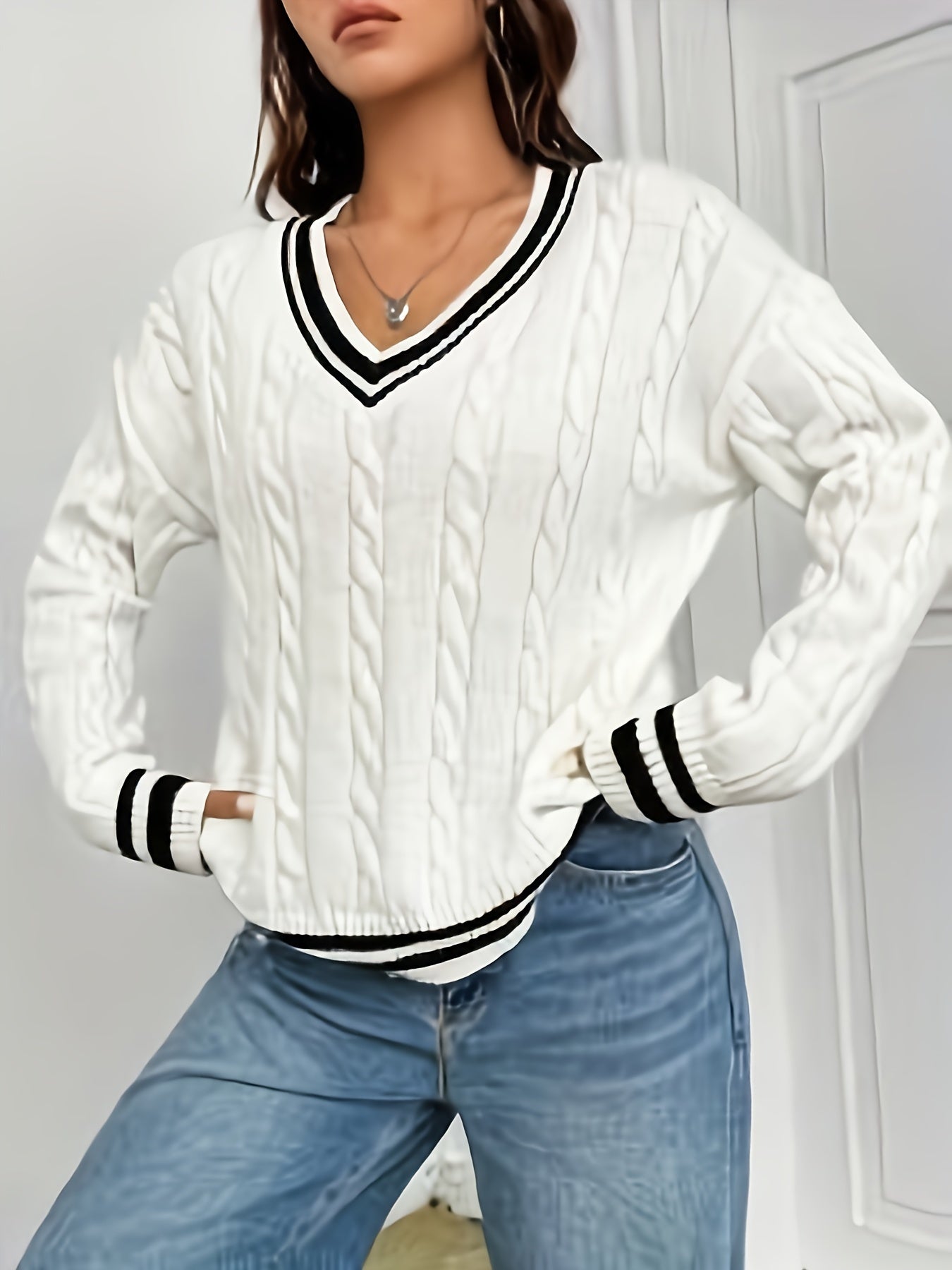 xieyinshe  Contrast Trim V Neck Sweater, Casual Long Sleeve Pullover Sweater, Women's Clothing