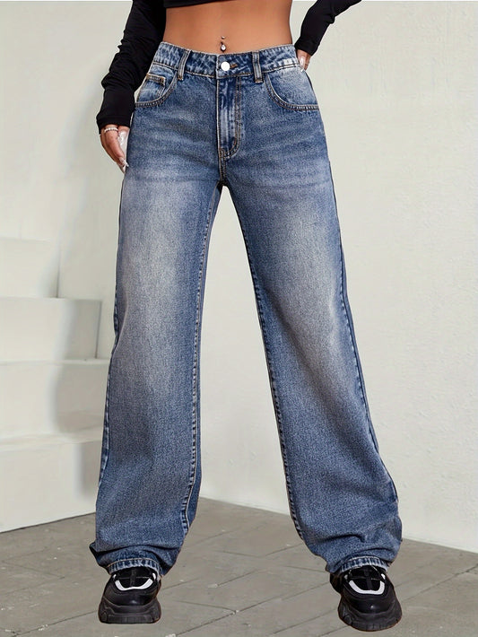 xieyinshe  Whiskering Washed Blue Wide Leg Jeans, Loose Fit Slash Pocket Comfy Denim Pants, Women's Denim Jeans & Clothing