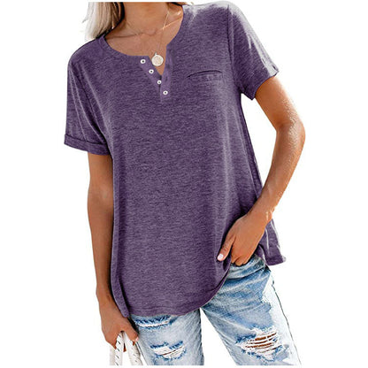 XIEYINSHE  Independent Station Foreign Trade  Cross Border New Spring and Summer Tops V-neck Short Sleeve Pocket Loose T-shirt for Women