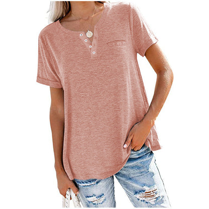 XIEYINSHE  Independent Station Foreign Trade  Cross Border New Spring and Summer Tops V-neck Short Sleeve Pocket Loose T-shirt for Women