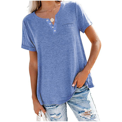 XIEYINSHE  Independent Station Foreign Trade  Cross Border New Spring and Summer Tops V-neck Short Sleeve Pocket Loose T-shirt for Women