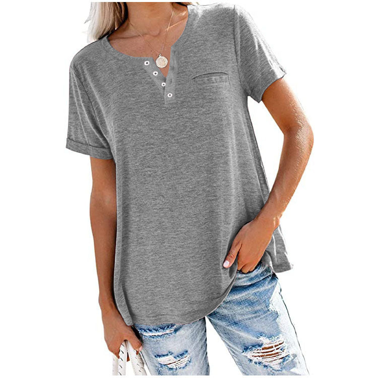 XIEYINSHE  Independent Station Foreign Trade  Cross Border New Spring and Summer Tops V-neck Short Sleeve Pocket Loose T-shirt for Women