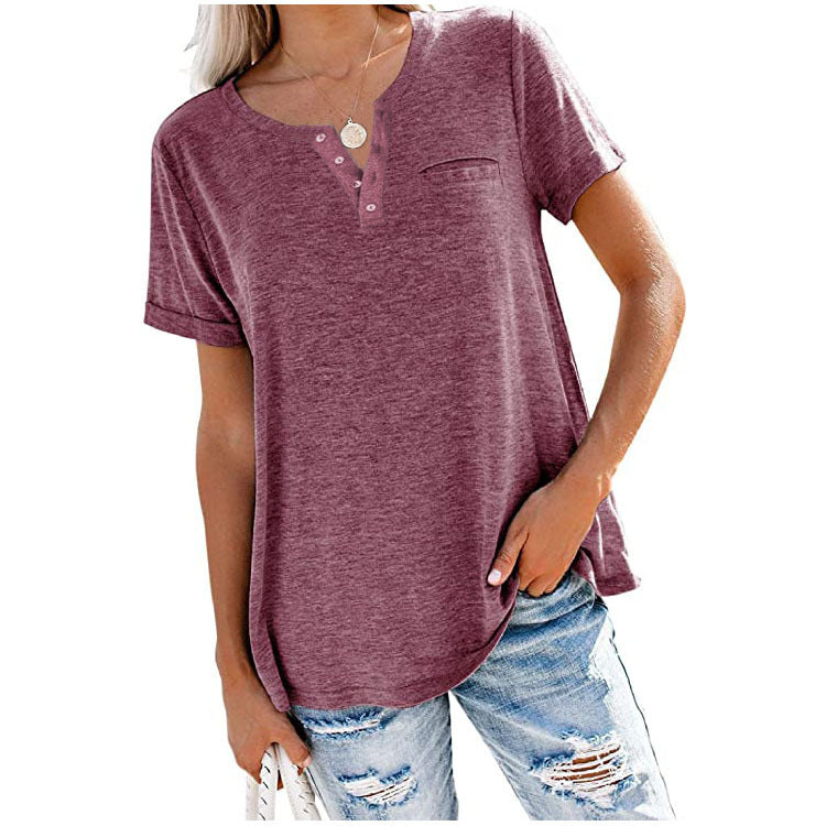 XIEYINSHE  Independent Station Foreign Trade  Cross Border New Spring and Summer Tops V-neck Short Sleeve Pocket Loose T-shirt for Women