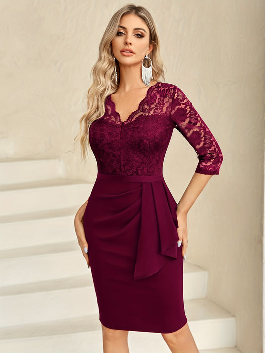 Contrast Lace Solid Party Dress, Elegant V Neck 3/4 Sleeve Bodycon Wedding Guest Dress, Women's Clothing