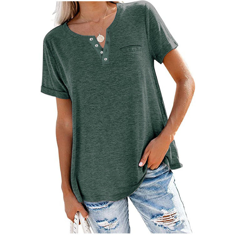 XIEYINSHE  Independent Station Foreign Trade  Cross Border New Spring and Summer Tops V-neck Short Sleeve Pocket Loose T-shirt for Women