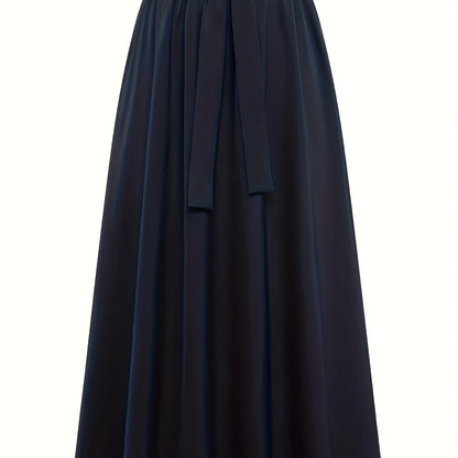 Solid Belted Maxi Skirts, Elegant Pleated Versatile Skirts, Women's Clothing