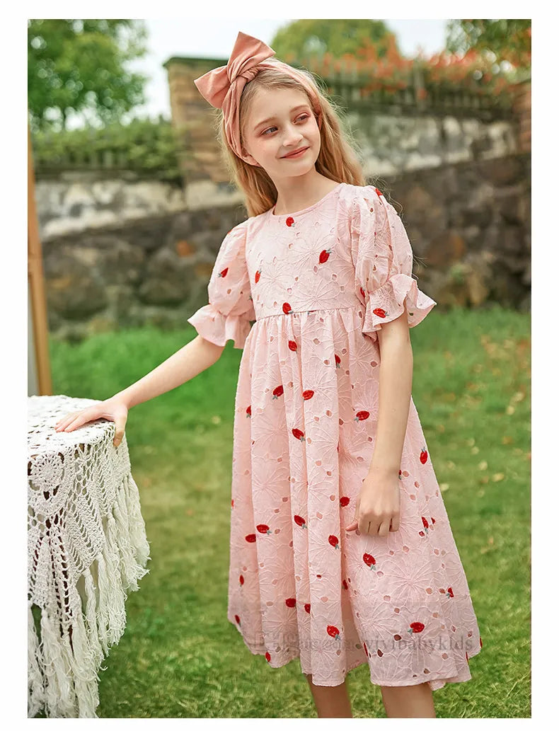 Big girls strawberry embroidery dresses old kids lace hollow falbala short sleeve dress summer teenagers pink princess clothes Z7001