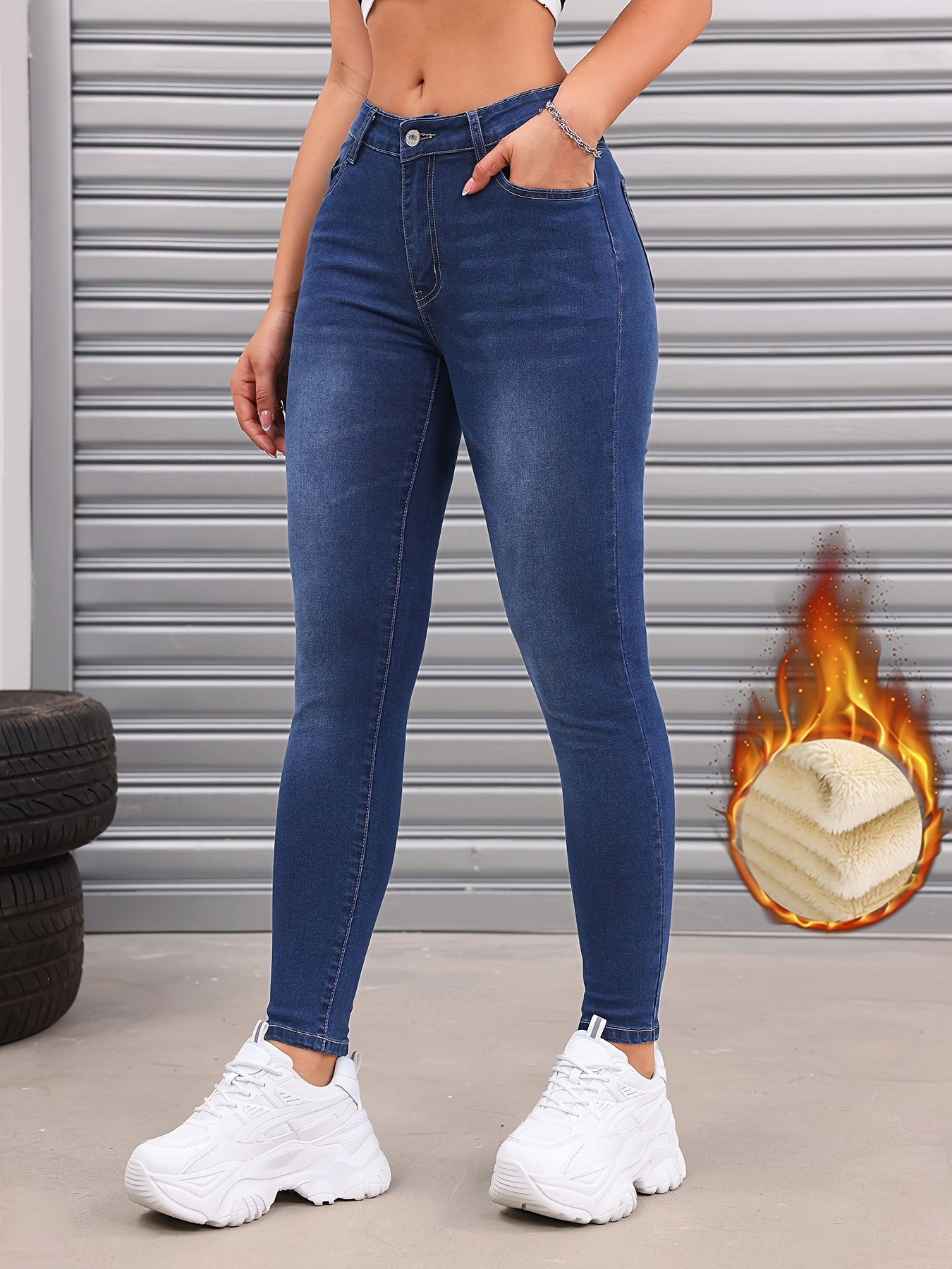 xieyinshe  Fleece Liner Washed Skinny Jeans, Mid-Stretch Keep Warm Slim Fit Tight Jeans, Women's Denim Jeans & Clothing