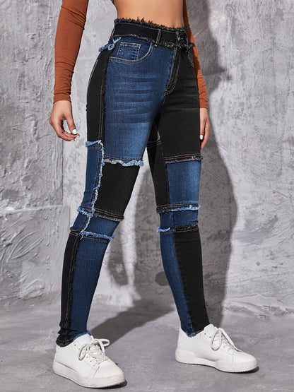 xieyinshe  Patched Colorblock Skinny Jeans, High Waist Slim Fit Slash Pockets High Rise Raw Hem Denim Pants, Women's Denim Jeans & Clothing