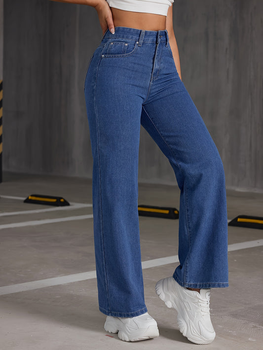 Solid Color Loose Fit Wide Leg Jeans, Medium Blue Washed Zipper Button Closure Slash Pocket Straight Denim Pants, Women's Denim Jeans & Clothing