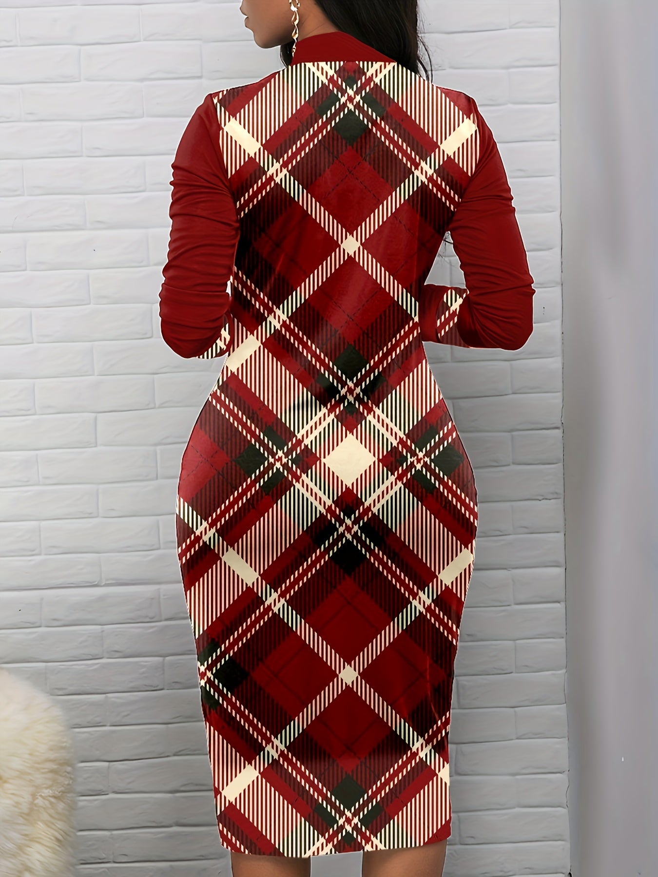 xieyinshe  Plaid Print Zipper Slim Dress, Elegant Long Sleeve Bodycon Dress For Spring & Fall, Women's Clothing