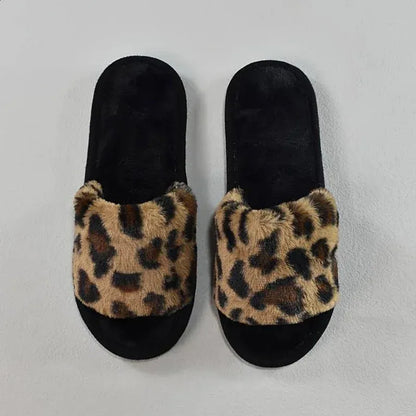 Autumn Winter Women Leopard Print Plush Slippers Cozy Warm Open Toe Soft Sole Shoes Comfy Indoor Floor Fuzzy Slippers 240809