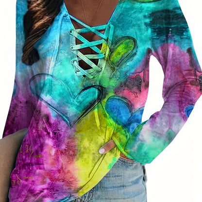 Plus Size Casual T-shirt, Women's Plus Tie Dye Lace Up Long Sleeve V Neck Medium Stretch T-shirt