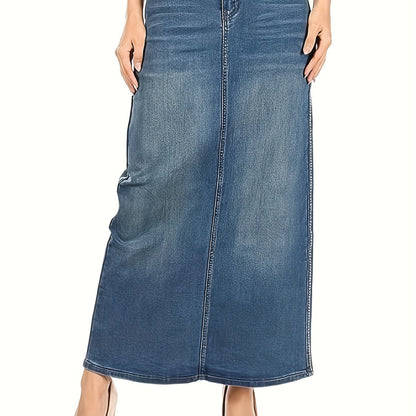 Blue High Stretch Denim Midi Skirt, Slant Pockets High Waist Casual Denim Skirt, Women's Denim Clothing