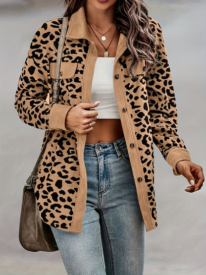 xieyinshe Leopard Print Shacket Jacket, Casual Button Front Turn Down Collar Long Sleeve Outerwear, Women's Clothing