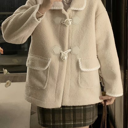 xieyinshe  Flap Pockets Button Front Fuzzy Coat, Casual Thermal Contrast Trim Long Sleeve Plush Coat For Fall & Winter, Women's Clothing