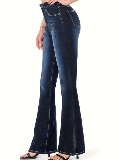 Slant Pockets Washed Flare Jeans, Mid-Stretch Versatile Bell Bottom Jeans, Women's Denim Jeans & Clothing