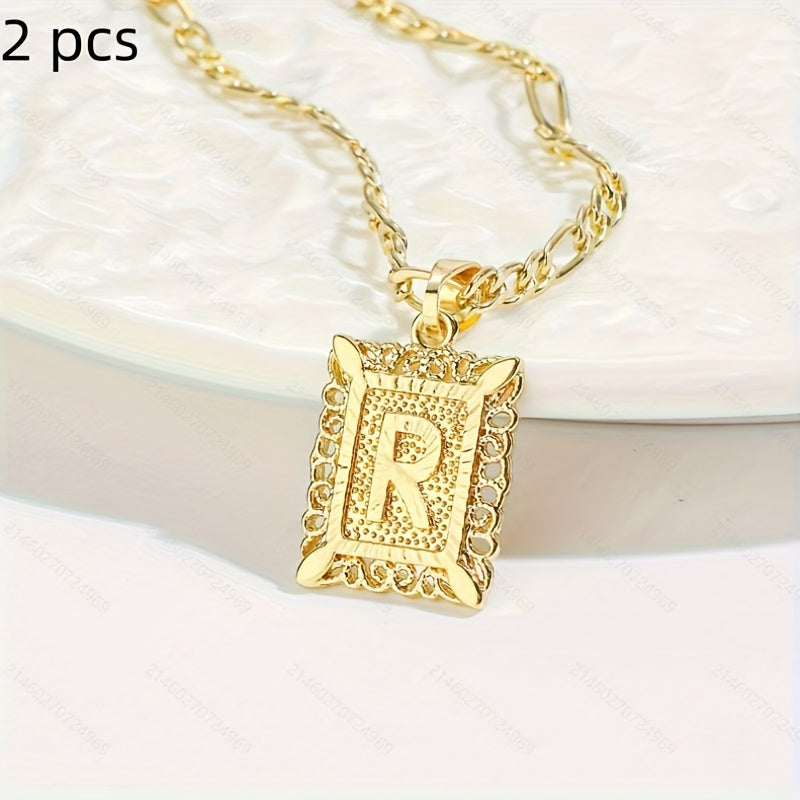 2 pcs Personalized Initial Letter Pendant Necklace - 18K Gold Plated Square Capital Monogram in Figaro Chain - Fashionable Alloy Necklace for Men and Women with A-Z Alphabet Options