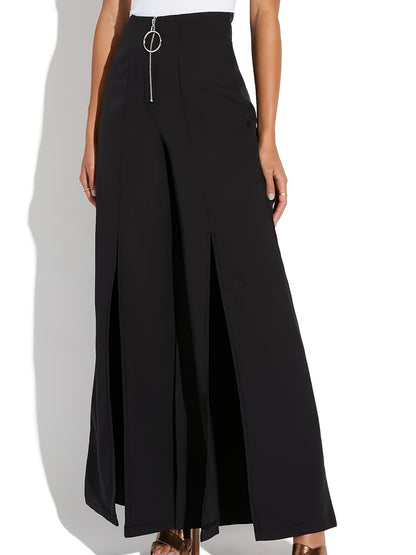 xieyinshe  Women's Casual Pants, Plus Size Solid Zipper High Rise Split Hem Wide Leg Trousers