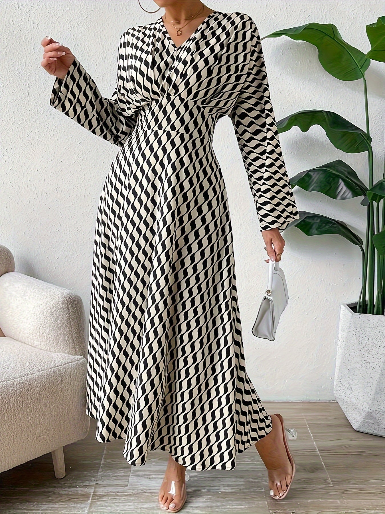 xieyinshe Striped Print High Waist Dress, Casual V Neck Long Sleeve Maxi Dress, Women's Clothing