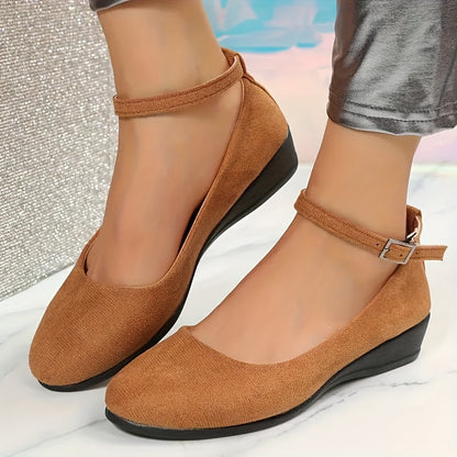 Women's Solid Color Casual Shoes, Ankle Buckle Strap Shallow Mouth Daily Shoes, Lightweight Wedge Soft Shoes