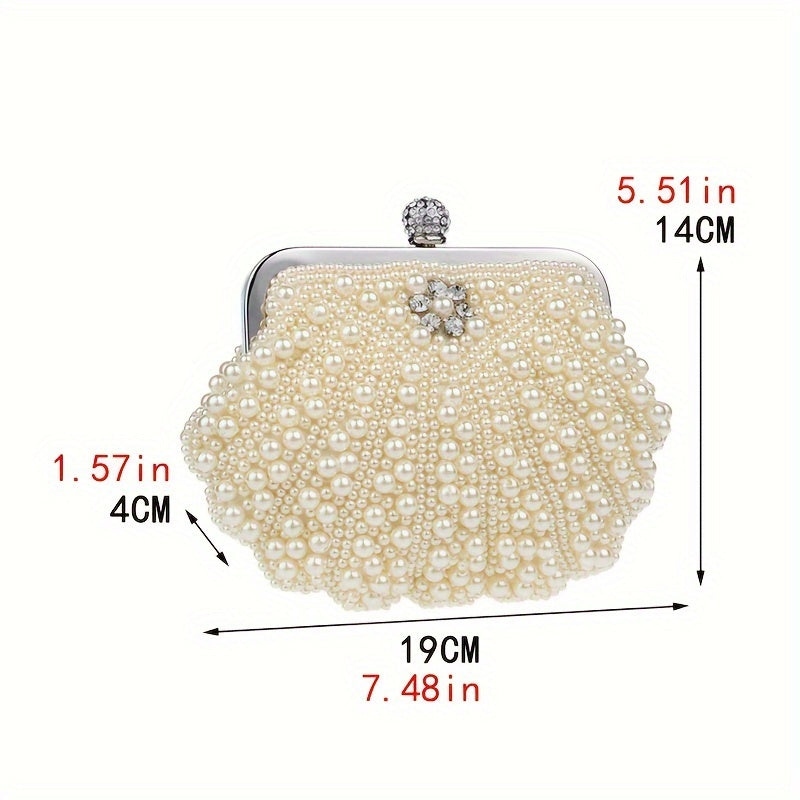 Beaded Shell Design Evening Bag - Exquisite Faux Pearl Embellished Clutch Purse with Delicate Beading, Stylish Womens Formal Dress Handbag for Special Occasions - Ideal for Glamorous Wedding Parties, Prom Nights, and Black-Tie Banquets, Perfect Accessory