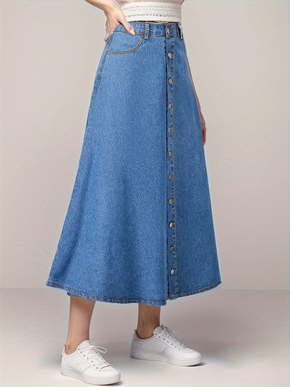 xieyinshe Single Breasted Button Casual Denim Midi Skirt, A-Line Slant Pockets High Waist Denim Skirt, Women's Denim Clothing