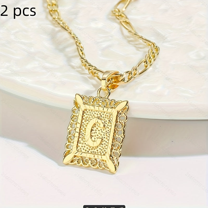 2 pcs Personalized Initial Letter Pendant Necklace - 18K Gold Plated Square Capital Monogram in Figaro Chain - Fashionable Alloy Necklace for Men and Women with A-Z Alphabet Options