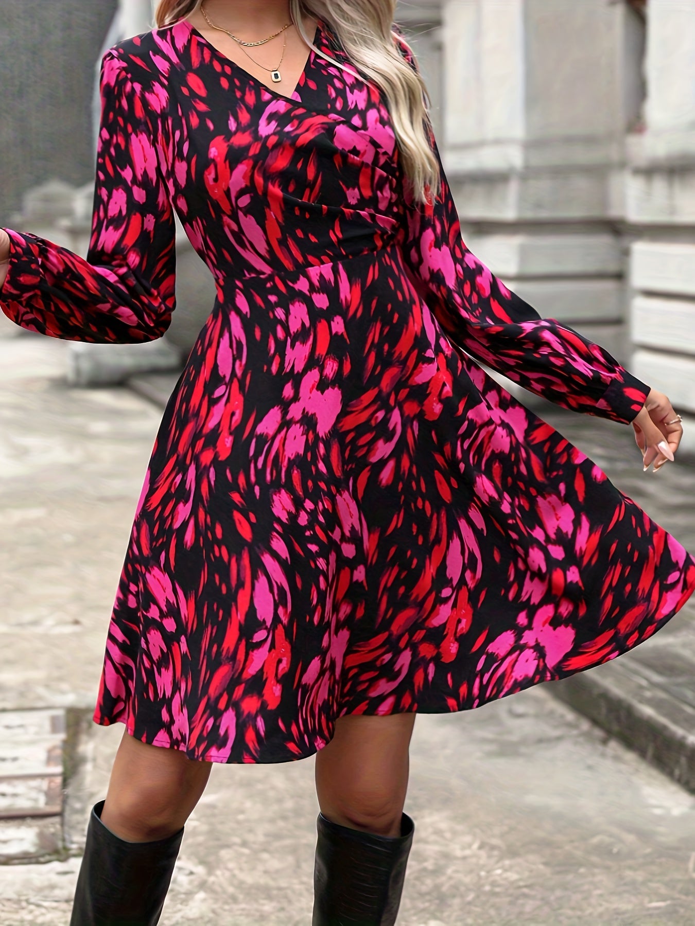 xieyinshe  All Over Print V Neck Dress, Elegant Long Sleeve Mini Dress For Spring & Fall, Women's Clothing