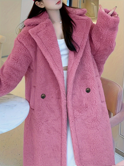 Notched Collar Button Front Plush Coat, Casual Thermal Long Sleeve Teddy Bear Coat For Fall & Winter, Women's Clothing