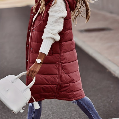 Hooded Sleeveless Coat, Casual Long Length Versatile Winter Warm Outerwear, Women's Clothing