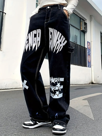 xieyinshe  Letter Print Hip Hop Style Baggy Jeans, Men's Kpop Casual Vintage Street Style Denim Pants