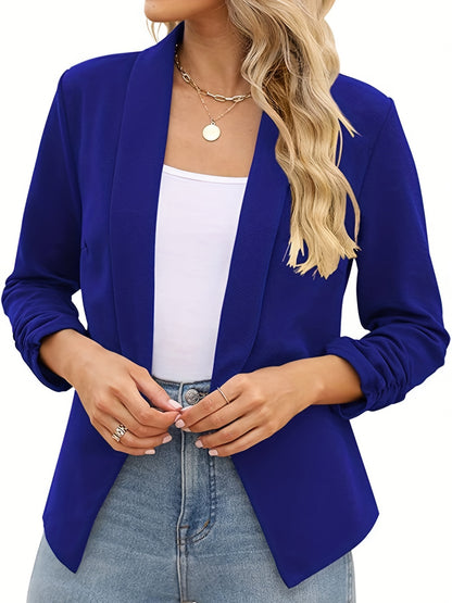 Ruched Solid Blazer, Casual Open Front Work Office Outerwear, Women's Clothing