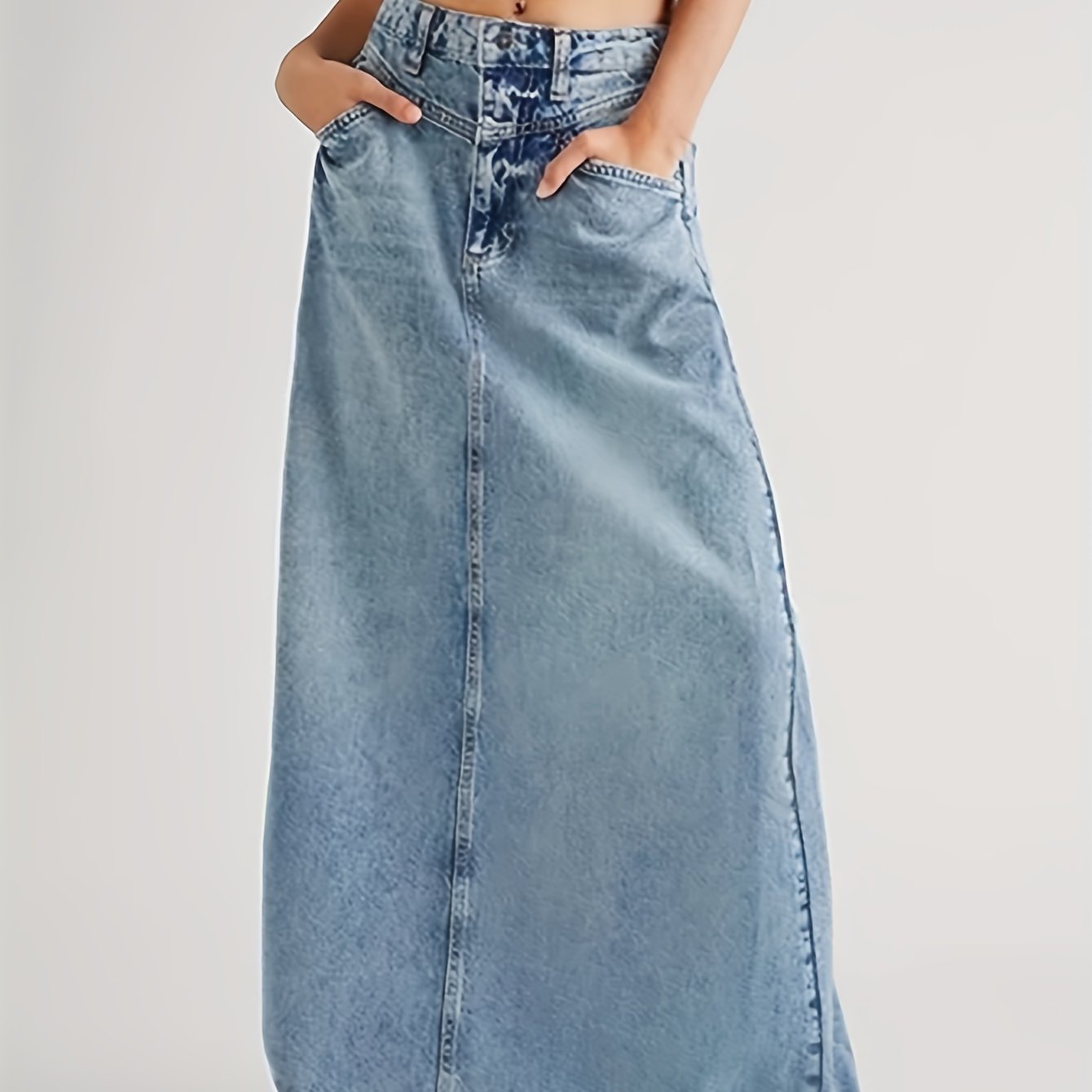 xieyinshe  Raw Hem Slash Pocket Loose Fit Denim Skirt, Vintage Style A-line Maxi Denim Skirt, Women's Denim Jeans & Clothing