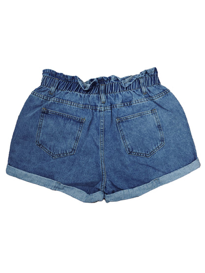 Relaxed Fit Denim Shorts - Comfortable Paper Bag Waist, Stylish Roll Up Hem, Secure Double Button Closure, Perfect for Casual Wear - Womens Denim Jeans & Clothing