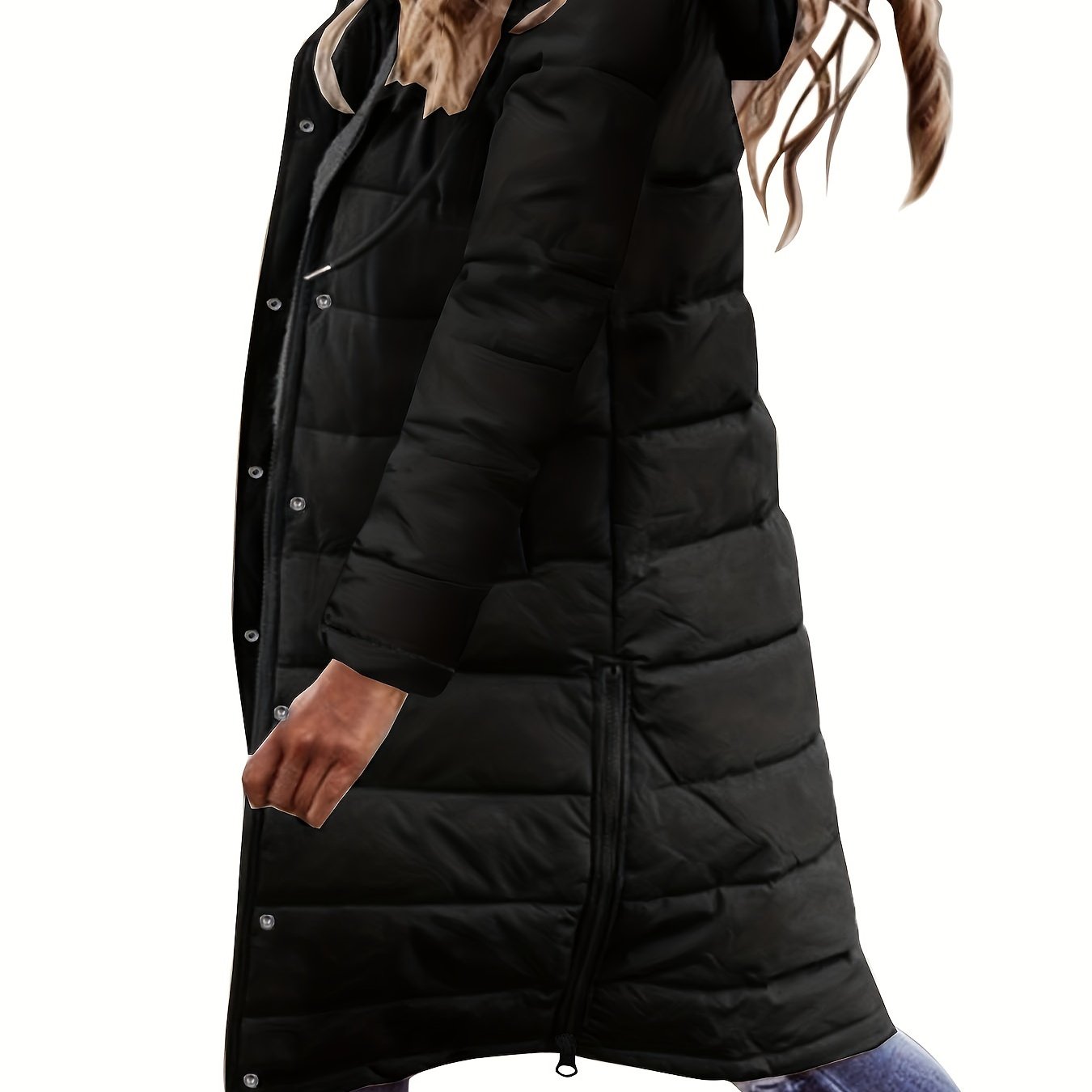 xieyinshe Button Front Hoodie Puffy Coat, Casual Long Sleeve Warm Outwear For Winter, Women's Clothing