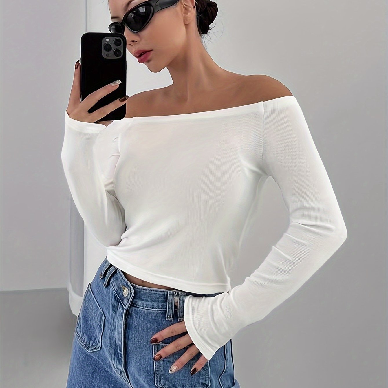 Solid Off Shoulder T-Shirt, Casual Slim Long Sleeve Top For Spring & Fall, Women's Clothing