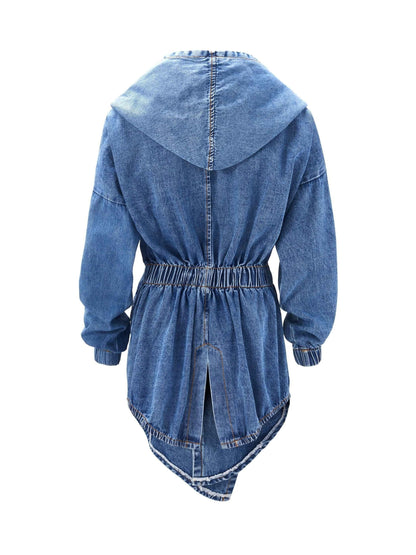 Belted Closure Elastic Band Cuff Denim Hooded Jackets, Elastic Belt Non Button Denim Coats, Women's Denim Jackets & Coats, Women's Clothing