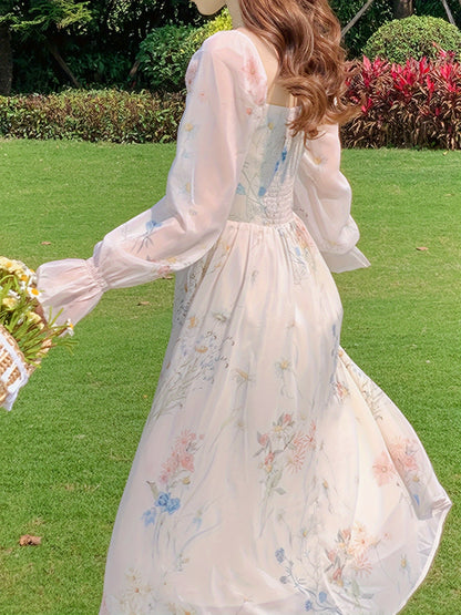 xieyinshe  Floral Print Square Neck Dress, Elegant Ruffle Hem Aline Long Sleeve Dress For Spring & Fall, Women's Clothing