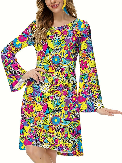 xieyinshe  70s Hippie Halloween Costume Dress, Vintage Floral Flared Long Sleeve Party Dress, Women's Clothing