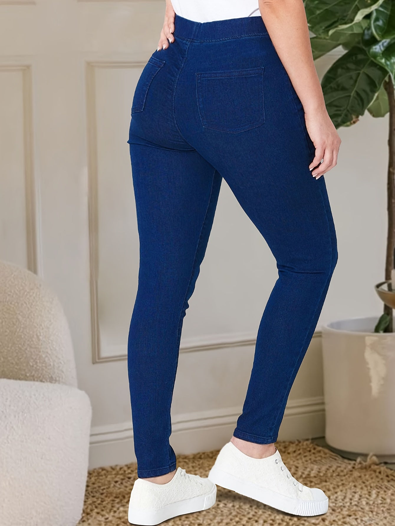 xieyinshe  Plus Size Basic Jeans, Women's Plus Solid Elastic High Rise Medium Stretch Skinny Jeans