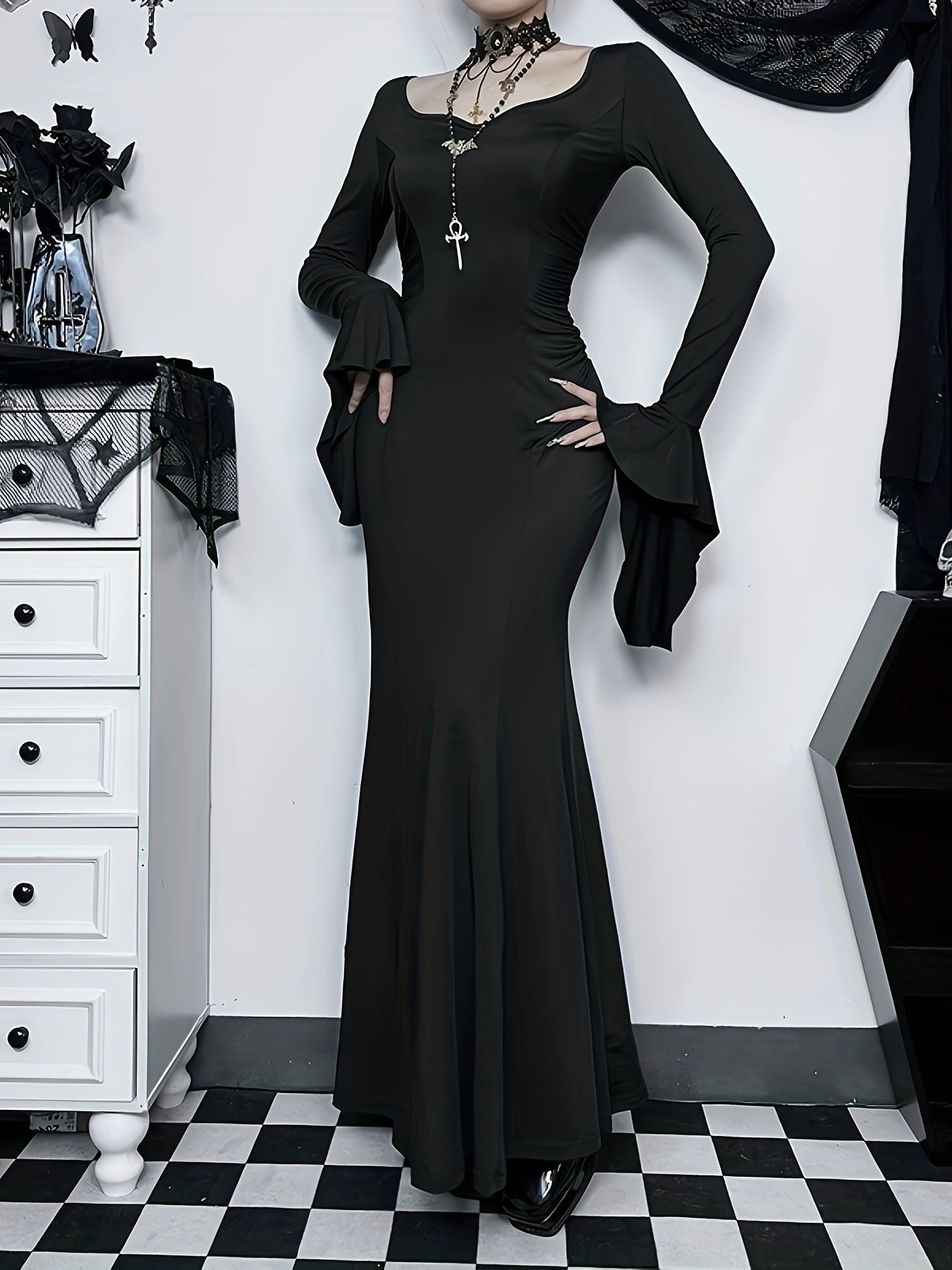 Solid Color Flared Sleeve Dress, Gothic V Neck Maxi Length Trumpet Dress, Women's Clothing